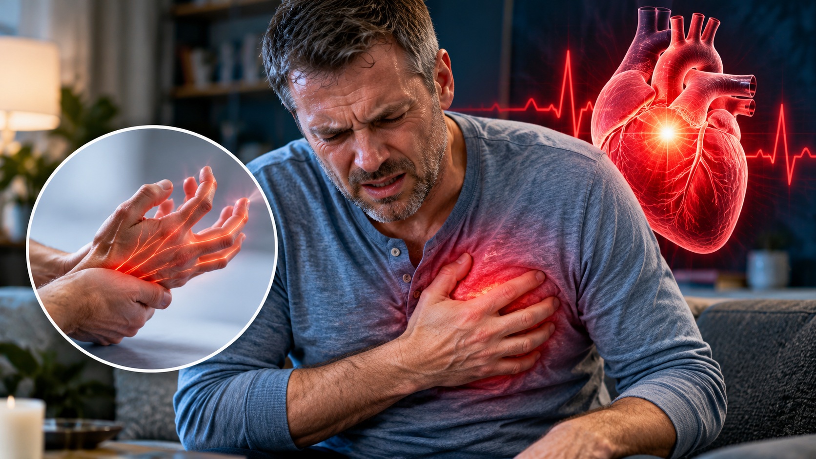 Mężczyzna łapie się za pierś z wyrazem bólu, obok powiększony obraz dłoni ze skurczem i podświetlone czerwono serce z wykresem EKG