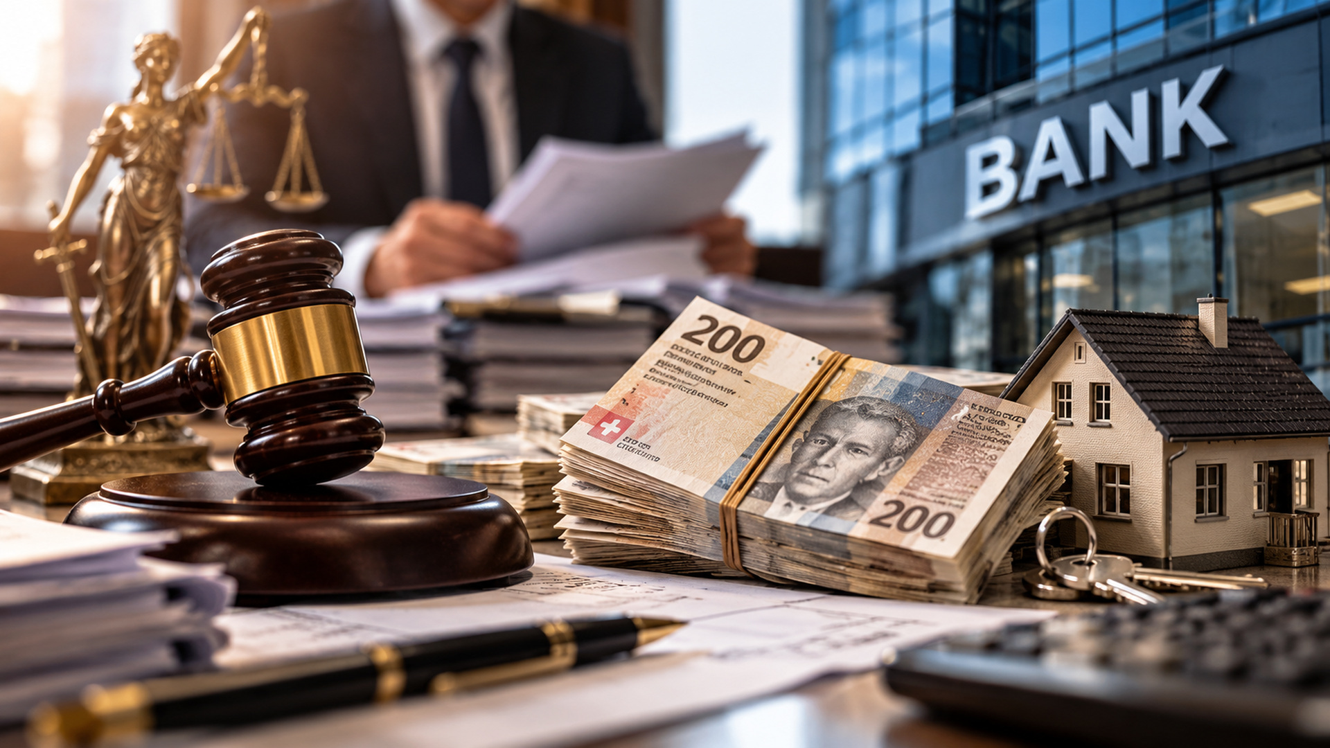 Młotek sędziowski i figurka Temidy, plik banknotów 200, makieta domu z kluczami oraz budynek z napisem BANK