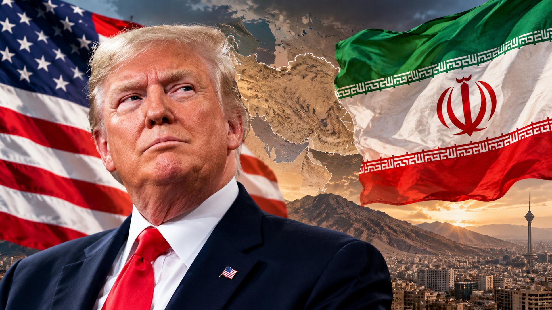 Donald Trump na tle flag USA i Iranu, mapy regionu i panoramy miasta z wieżą telewizyjną u stóp gór