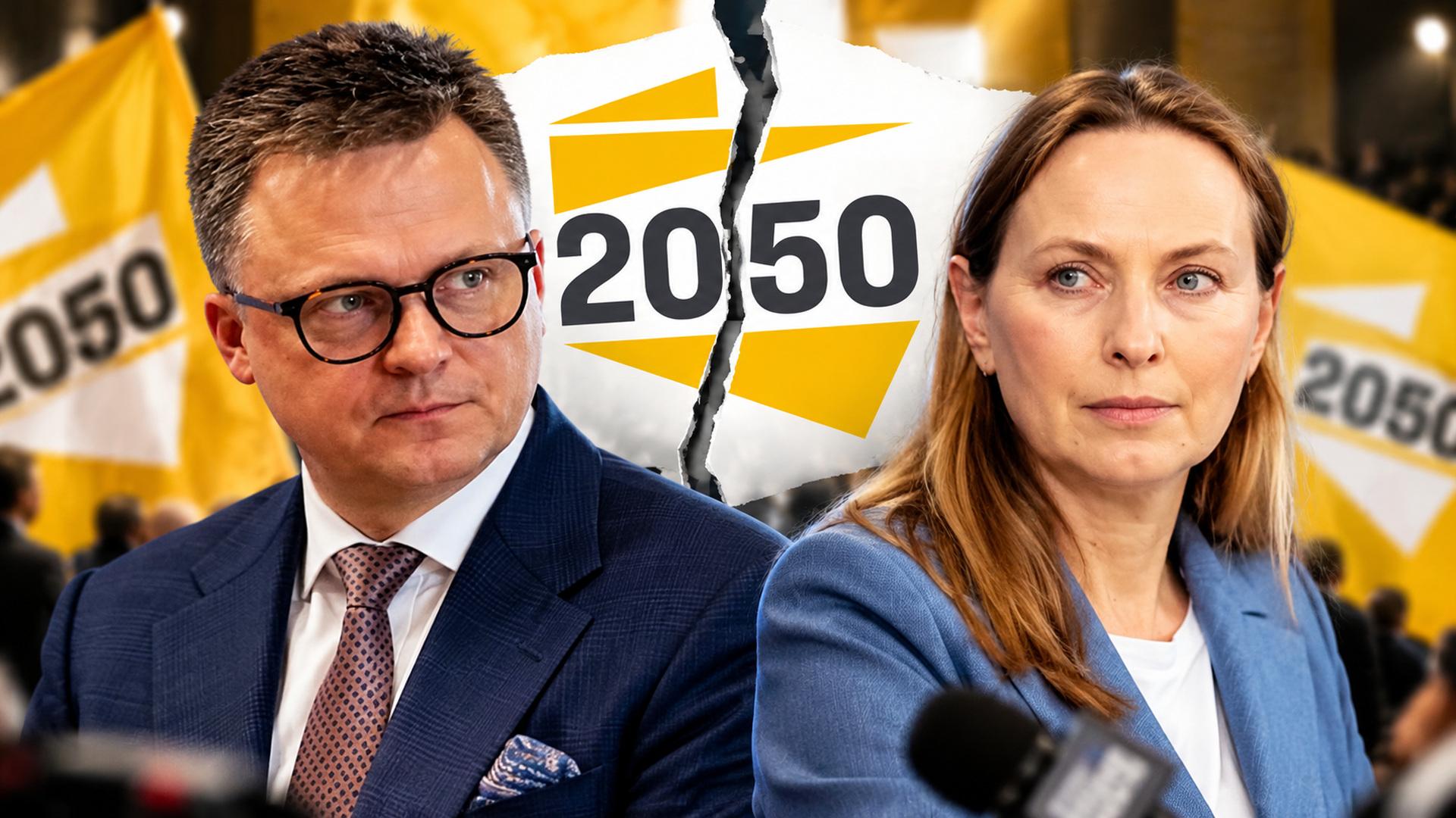 Kolaż: mężczyzna w okularach i garniturze oraz kobieta w niebieskim żakiecie po obu stronach rozdartego logo z napisem 2050 na tle żółtych flag