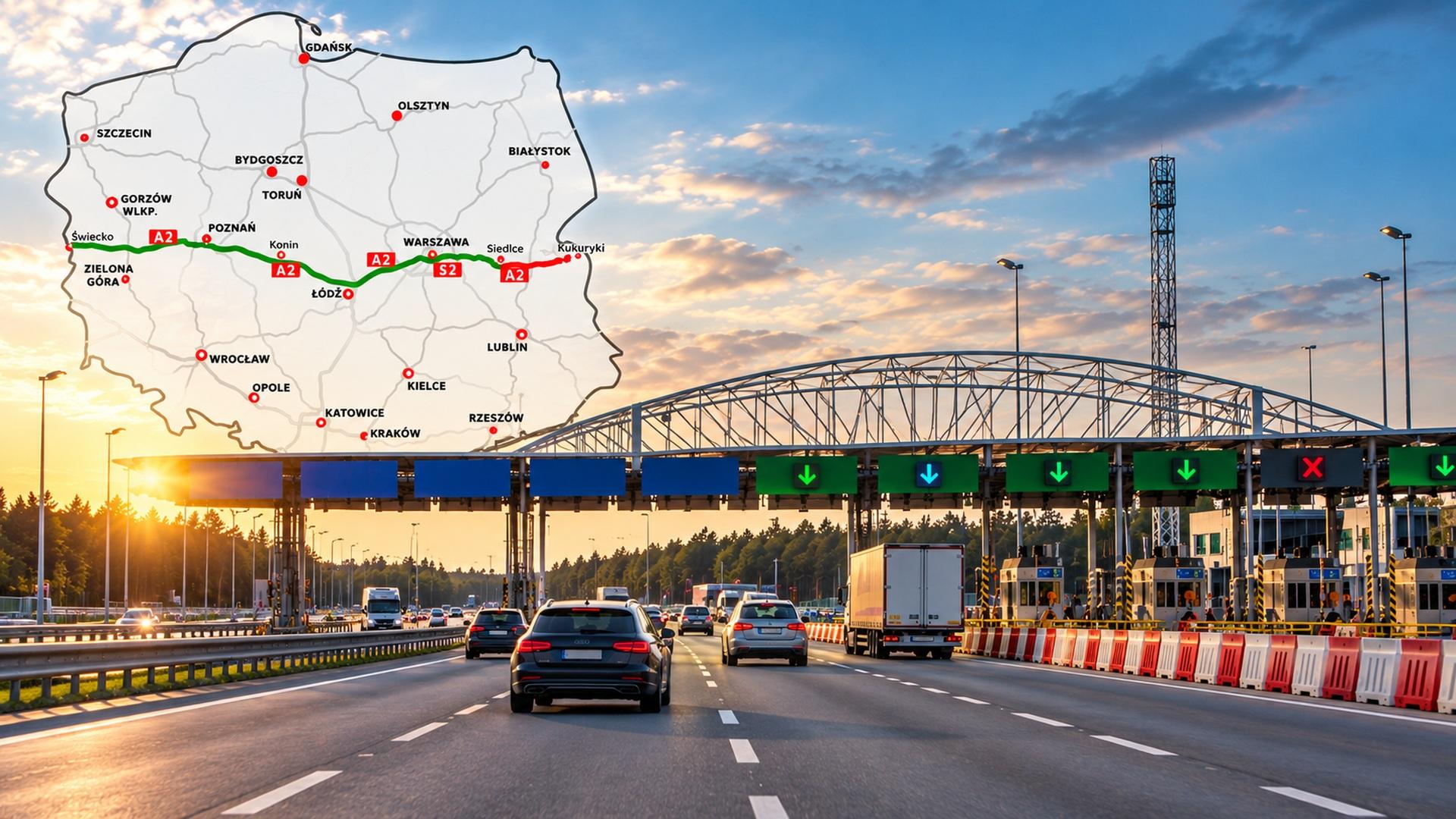 Kolaż: mapa Polski z zaznaczoną autostradą A2 oraz bramki poboru opłat na autostradzie z samochodami o zachodzie słońca
